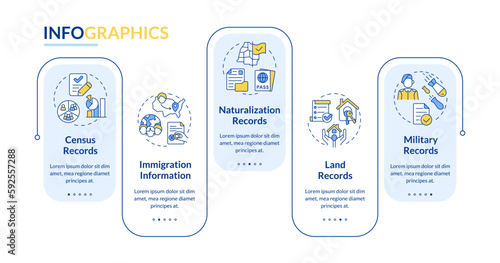 Family research records blue rectangle infographic template. Data visualization with 5 steps. Editable timeline info chart. Workflow layout with line icons. Lato-Bold, Regular fonts used