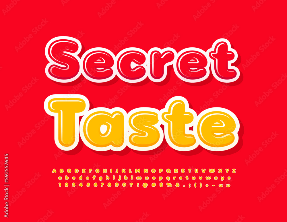 Vector foodie concept Secret Taste. Bright Yellow Font. Creative Alphabet Letters, Numbers and Symbols set