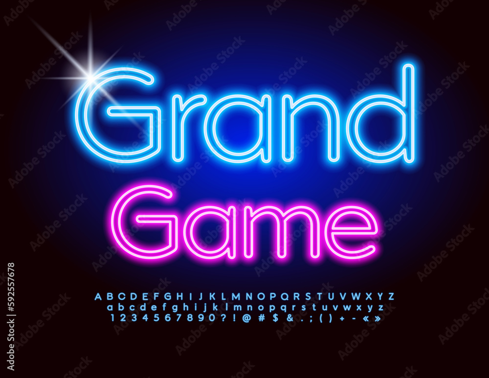 Vector glowing banner Grand Game. Blue Neon Alphabet Letters, Numbers and Symbols set. Electric tube Font