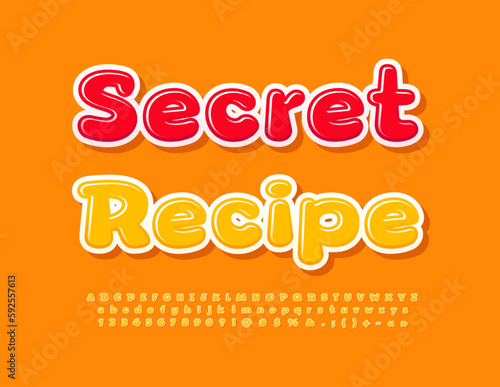 Vector artistic sign Secret Recipe. Creative Yellow Font. Glossy Alphabet Letters and Numbers set.  © Popskraft
