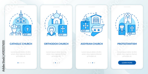 Christian churches blue onboarding mobile app screen. Confessions walkthrough 4 steps editable graphic instructions with linear concepts. UI, UX, GUI template. Myriad Pro-Bold, Regular fonts used