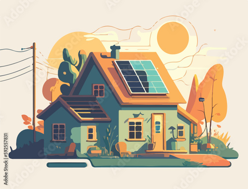 Renewable sustainable home with photovoltaic solar panels on the roof of the house. Green energy. Climate change prevention. Flat vector illustration concept. Generative AI