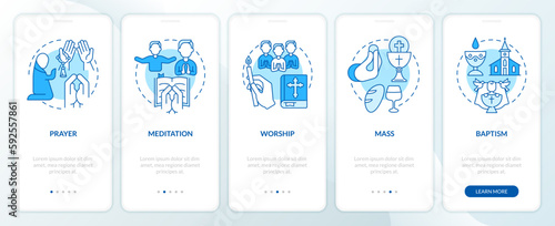 Religious practices blue onboarding mobile app screen. Worshiping walkthrough 5 steps editable graphic instructions with linear concepts. UI, UX, GUI template. Myriad Pro-Bold, Regular fonts used