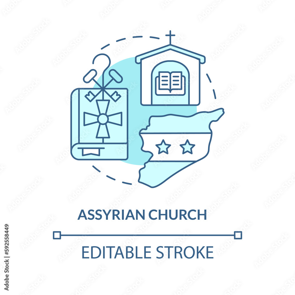 Assyrian church turquoise concept icon. Arab countries culture. Christian confession abstract idea thin line illustration. Isolated outline drawing. Editable stroke. Arial, Myriad Pro-Bold fonts used