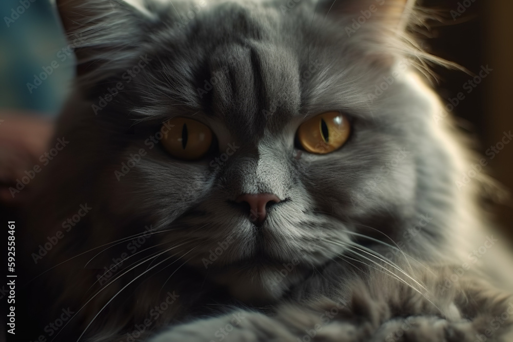 close up of grey cat with yellow eyes - AI Generated