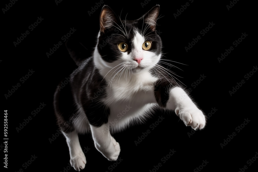 Jumping black and white cat, black background - AI Generated