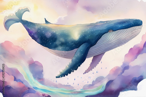 Watercolor whale in the clouds. Generative ai design.