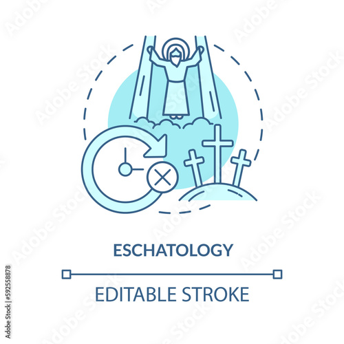 Eschatology turquoise concept icon. Study of human destiny end. Christian belief abstract idea thin line illustration. Isolated outline drawing. Editable stroke. Arial  Myriad Pro-Bold fonts used