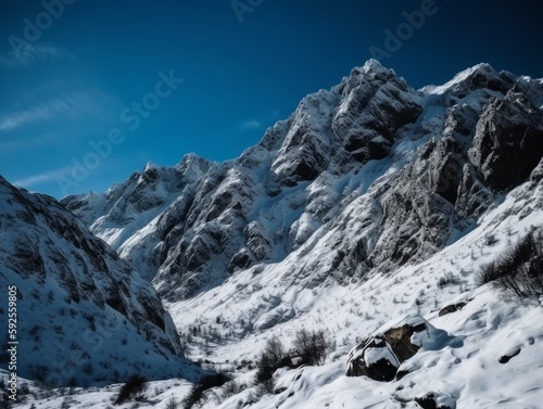 Wallpaper Mural A majestic mountain range with snow-capped peaks and a clear blue sky Torontodigital.ca