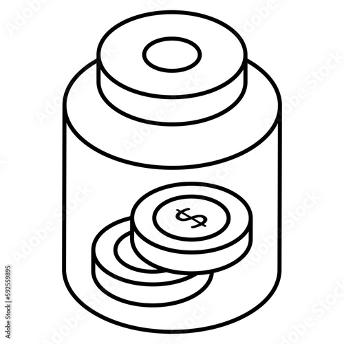 Dollar insider glass bottle, flat design of money jar