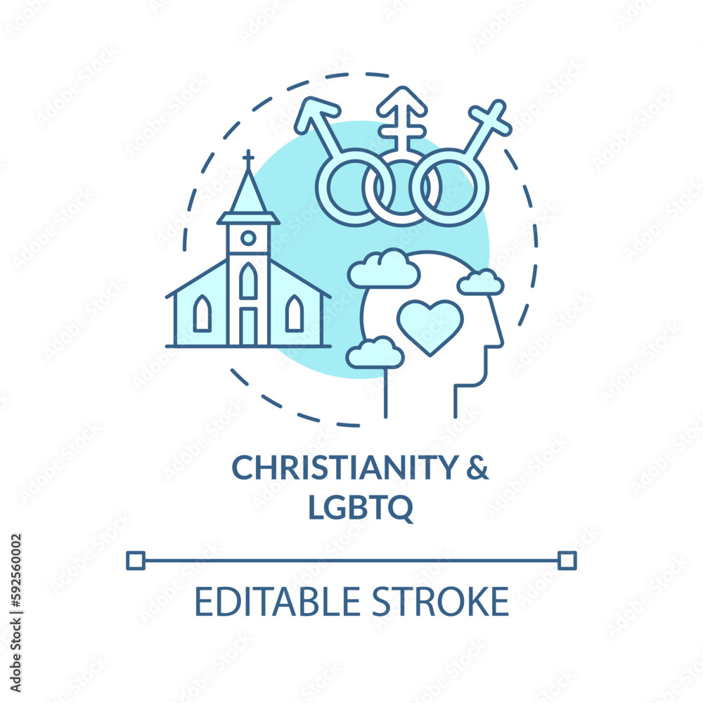 Christianity and LGBTQ turquoise concept icon. Equity. Progress in religion abstract idea thin line illustration. Isolated outline drawing. Editable stroke. Arial, Myriad Pro-Bold fonts used