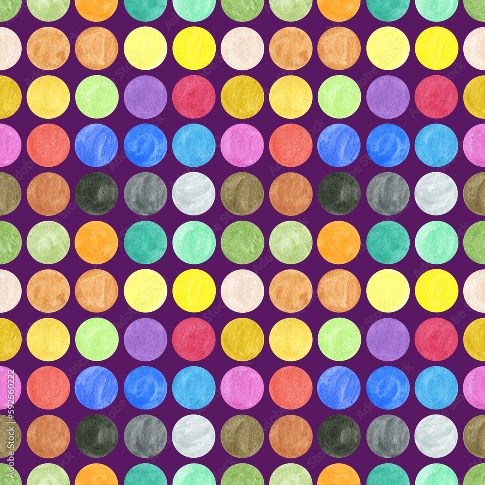 Seamless pattern of multicolored dots. Hand drawn circle illustration. Hand painted elements on purple background. Seamless pattern of multicolored dots. Hand drawn circle illustration. Hand painted elements on purple background.