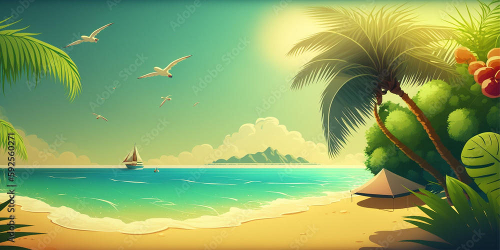  beach scene with a palm tree and a beach umbrella.Generative AI
