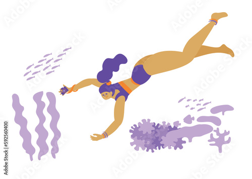 trip_travel_people_女子旅_海を泳ぐ水着の女性_シンプルでお洒落なイラスト_swim・カメラ