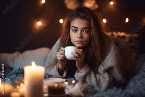 Sad, lonely girl, drinking coffee in bed