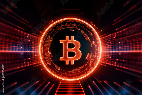 Bitcoin cryptocurrency images 3d render and neon background.
