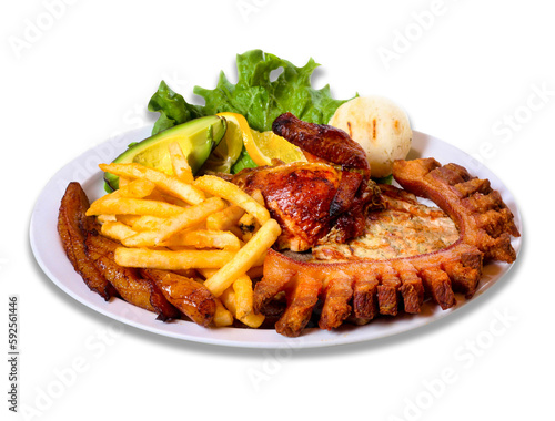 A delicious and beautiful plate of food, including grilled meat, eggs, potatoes and vegetables