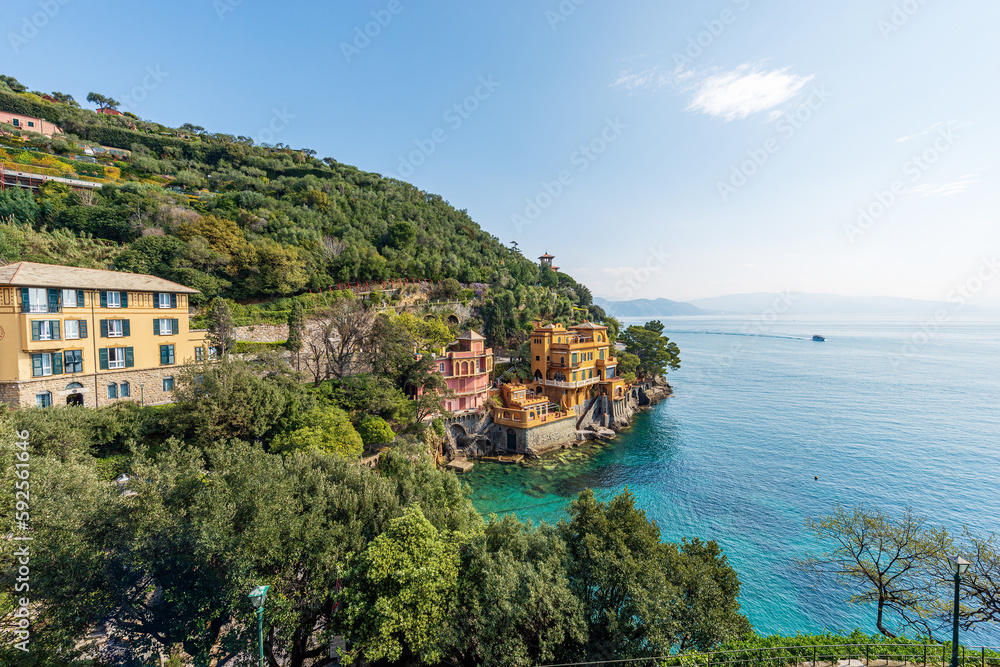 Bay and beach of Paraggi near the Portofino village. Tourist resort in Genoa Province (Genova), Liguria, Italy, Europe. Coast and Mediterranean Sea (Ligurian Sea).