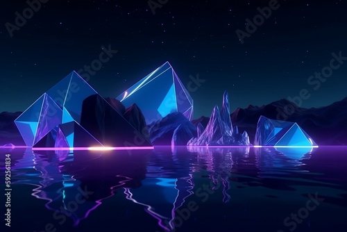 3d render, dark night with rhombus geometric shape, extraterrestrial landscape under the night sky. Rocks and water reflection.
