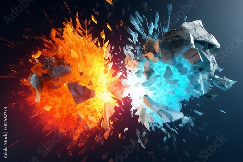 3D colorful abstract background representing the contract between fire and ice explosion.
