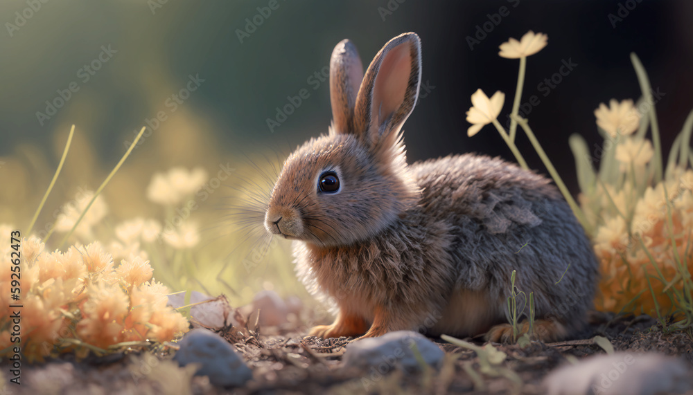 Fototapeta premium Brown wild rabbit found in meadow, cute wild animal, AI Generative