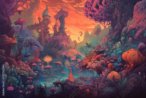 Fototapeta Naklejka Na Ścianę i Meble -  a psychedelic scene with trippy animals and creatures exploring a fantasy world, created with generative ai
