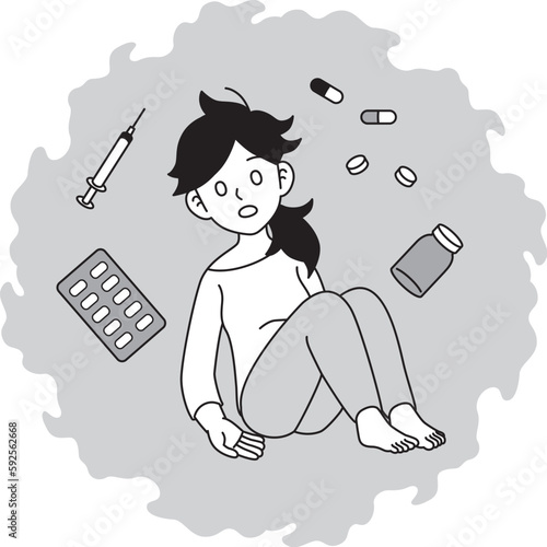 薬物依存症の女性　モノクロ