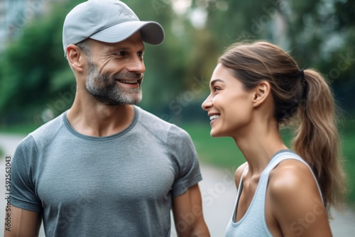 An American couple in their 30s chatting after a morning jog in a city park, AI, AI generative
