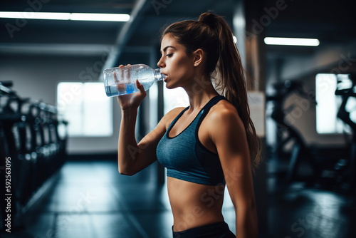 young woman drinking a bottle of water in the indoor training gym, wearing a fitness wear, AI Generative 