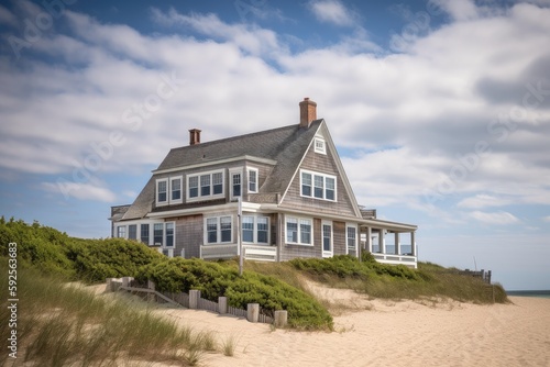 cape cod house exterior, with scenic view of the beach and ocean, created with generative ai
