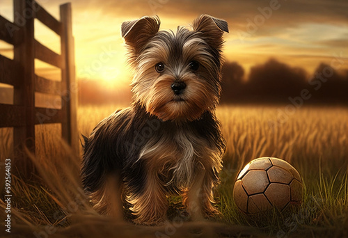 Little yorkshire terrier playing soccer in a meadow at sunset. AI Generated