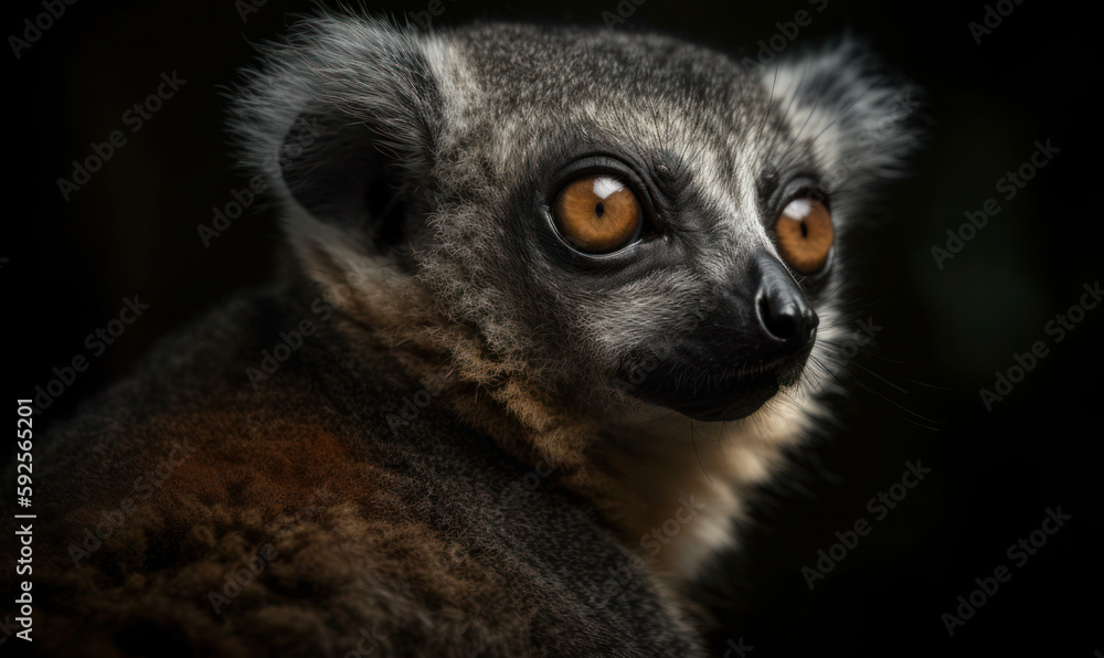 close up photo of woolly lemur on dark backgroundGenerative AI close up photo of woolly lemur on dark backgroundGenerative AI