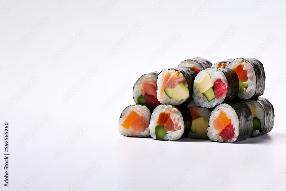 Sushi rolls assortment isolated on white background, japanese food with copy space. Created with Generative AI Technology Sushi rolls assortment isolated on white background, japanese food with copy space. Created with Generative AI Technology