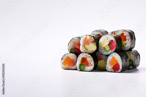 Sushi rolls assortment isolated on white background, japanese food with copy space. Created with Generative AI Technology