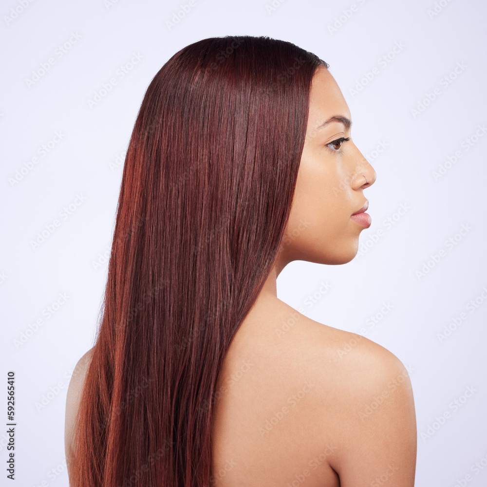 Hair care, beauty and profile of girl with healthy hairstyle, luxury salon treatment and color isolated on white background. Haircare, haircut and mockup, Brazilian model with face in studio backdrop Hair care, beauty and profile of girl with healthy hairstyle, luxury salon treatment and color isolated on white background. Haircare, haircut and mockup, Brazilian model with face in studio backdrop