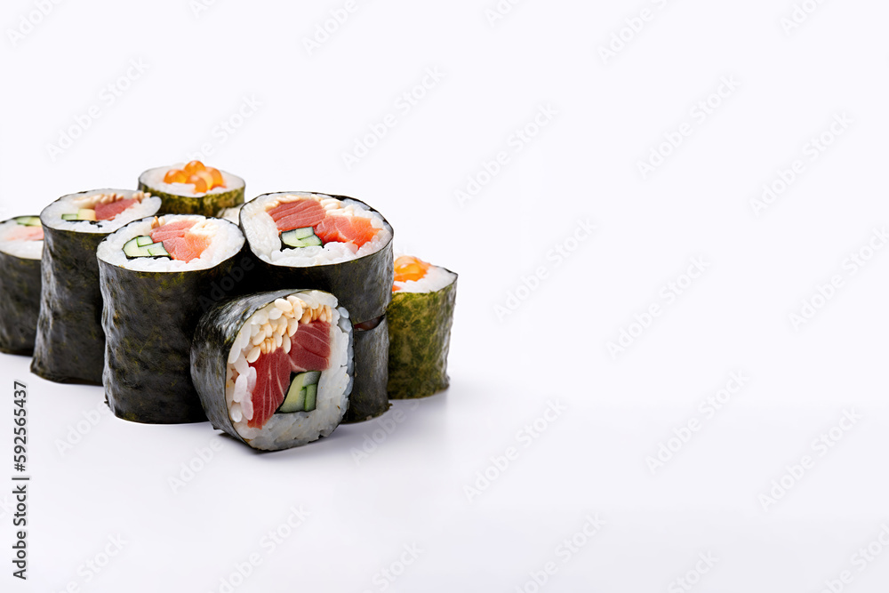 Sushi rolls assortment isolated on white background, japanese food with copy space. Created with Generative AI Technology Sushi rolls assortment isolated on white background, japanese food with copy space. Created with Generative AI Technology