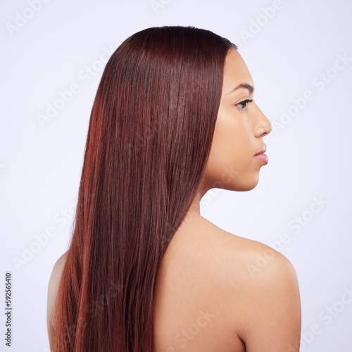 Hair care, beauty and profile of girl with healthy hairstyle, luxury salon treatment and color isolated on white background. Haircare, haircut and mockup, Brazilian model with face in studio backdrop