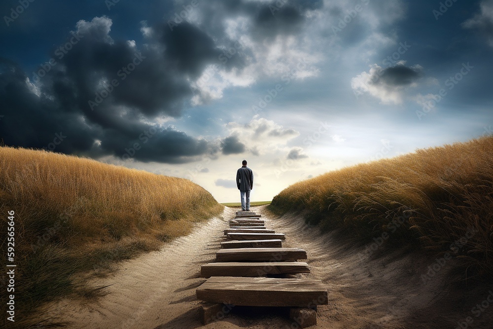 Fotografie Surrendering to God at Crossroads, Generated by AI