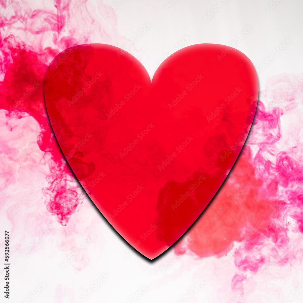 red heart on a white background with red and pink smoke in it
