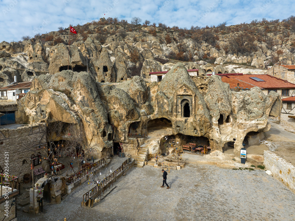 Afyonkarahisar, Turkey, January 155, 2023: Phrygian Valley (Frig Vadisi). Ruins from thousands of years ago. Ancient caves and stone houses in Ayazini