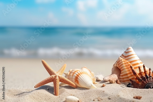 starfish and shells on the sand with a paradise beach in the background. Copy space. summer concept. Ai generative