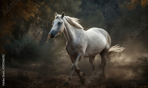 photo of running Arabian horse in its natural habitat. Generative AI