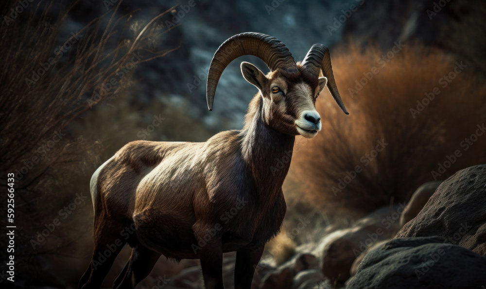 photo of Aoudad in North African Mountains in its natural habitat. Generative AI