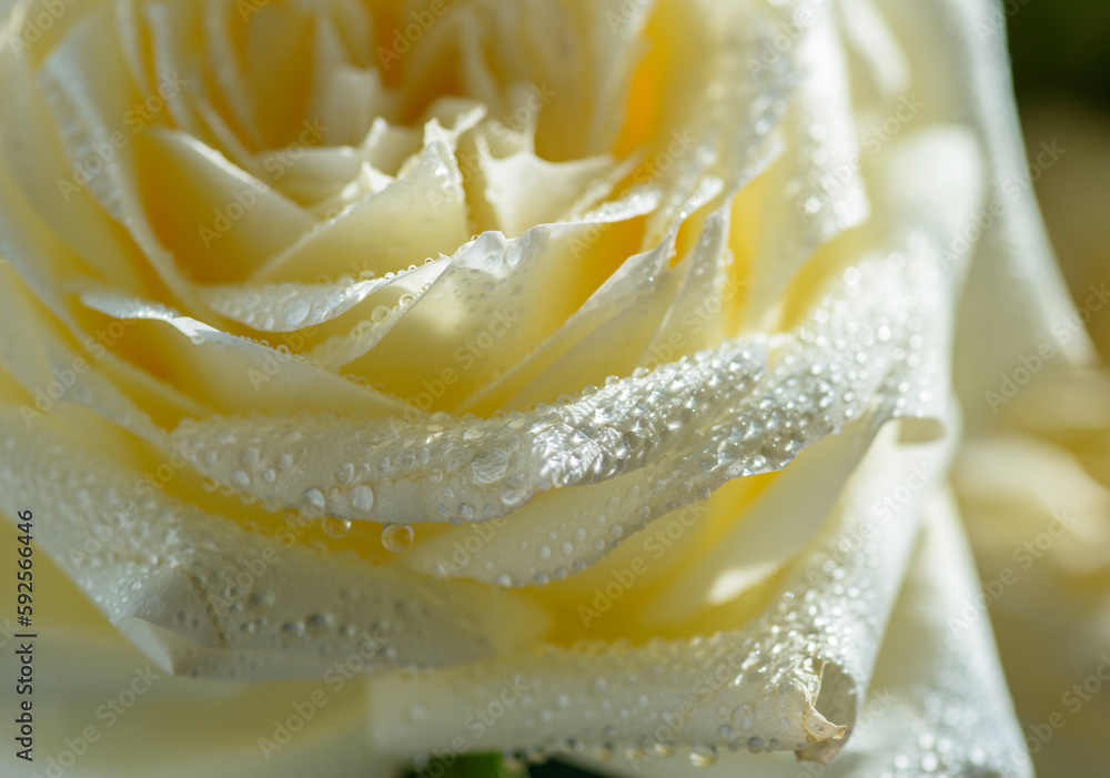 Fototapeta premium Yellow rose with water drops as natural background. Macro shot with shallow depth of field.