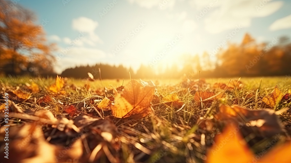 Blurred autumn field full of fallen leaves at sunset. Generative AI