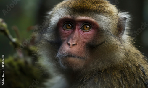 close up photo of Barbary macaque in forest. Generative AI