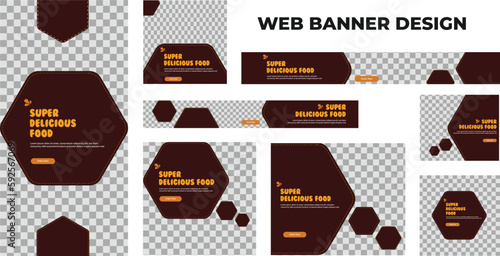 set of modern food web banners in standard size with a place for photos. Food ad banner cover header background for website design, Social media cover ads banner template.