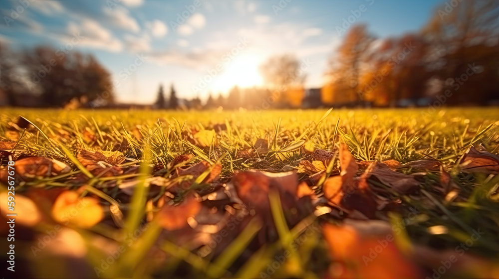 Blurred autumn field full of fallen leaves at sunset. Generative AI Blurred autumn field full of fallen leaves at sunset. Generative AI