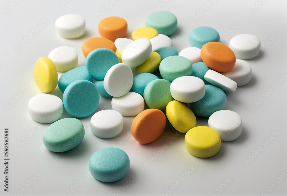 Several different pills lie on the table. AI genarated