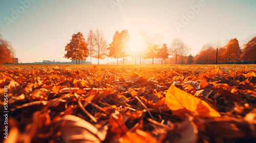 Blurred autumn field full of fallen leaves at sunset. Generative AI